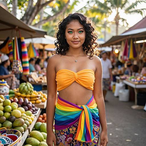 Photograph of a young woman with curly black hair, green eyes, wearing a bright orange strapless top and rainbow sarong, standing in a colorful