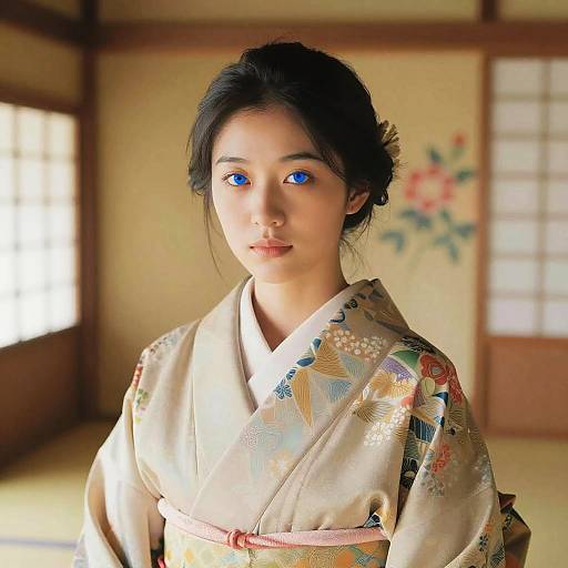 Photograph of an Asian woman with striking blue eyes, wearing an elegant, floral-patterned kimono, standing in a traditional Japanese room.