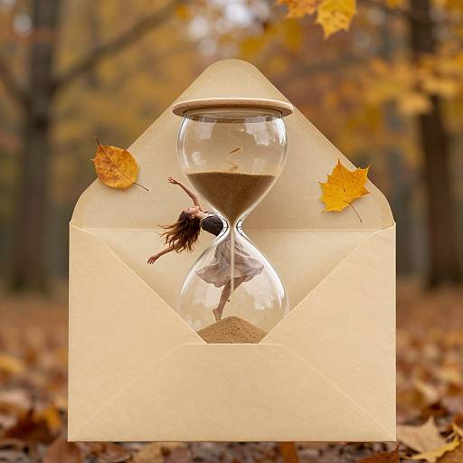 Photograph: Glass hourglass with tiny figure, autumn leaves, in open beige envelope, forest background with yellow and brown leaves.