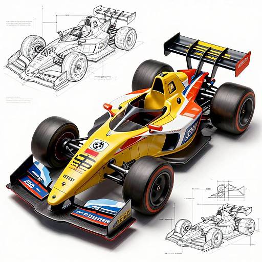 Photograph of a vivid yellow and black Formula 1 race car with red accents, detailed sketches in the background, showcasing design concepts.
