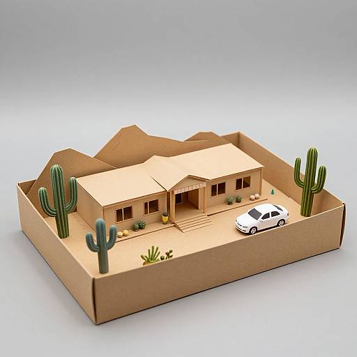 3D cardboard model of a single-story desert house with beige roof, white car in driveway, cacti, and mountains in the background.