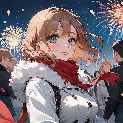 Anime Girl Smiling at Fireworks Night