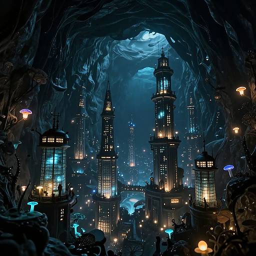 Digital fantasy artwork of a dark, cavernous city with glowing blue and yellow lights, intricate towers, and bioluminescent fungi.