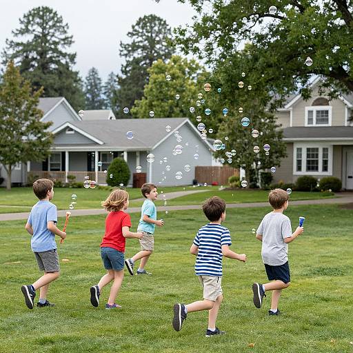 Photograph of six young boys chasing bubbles in a suburban backyard, with green grass and two-story houses in the background.
