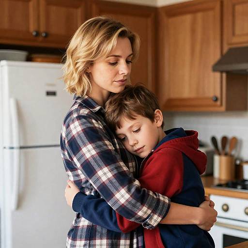 Warm Kitchen Embrace: Woman and Boy