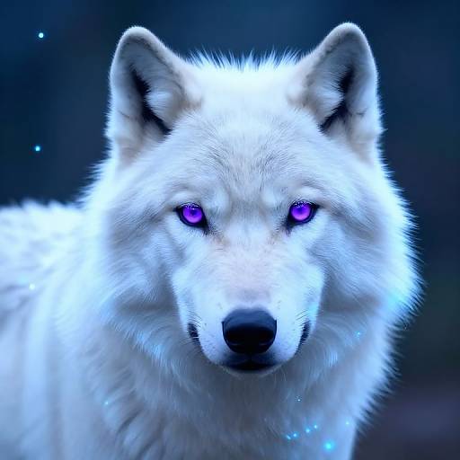Digital artwork of a glowing white wolf with vivid purple eyes, set against a dark, starry background. The wolf's fur appears soft and textured,