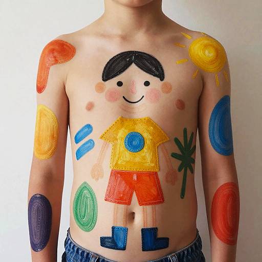 Photograph of a shirtless child with colorful paint on their chest and arms, depicting a smiling face, sun, and body parts.
