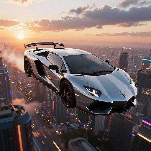 Photorealistic CGI of a sleek white Lamborghini Aventador with black accents flying above a bustling cityscape at sunset, exhaust smoke trailing behind.