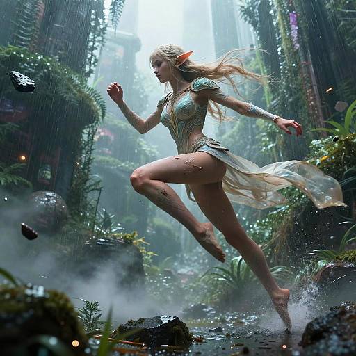 CGI fantasy image of a blonde elf woman with pointed ears, wearing a green, gold-accented armor top and translucent skirt, leaping in