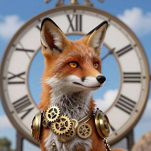 Photorealistic digital art of an orange fox with golden gears on its chest, standing in front of a large clock against a bright blue sky.