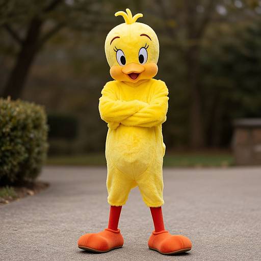 Photograph of a yellow feathered chicken mascot with crossed arms, red feet, and orange beak, standing on a paved path in a blurred forest