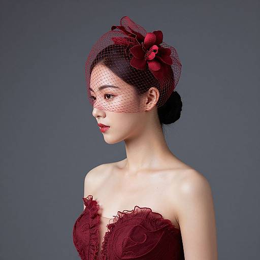 Elegant Woman with Ruby-Red Veil