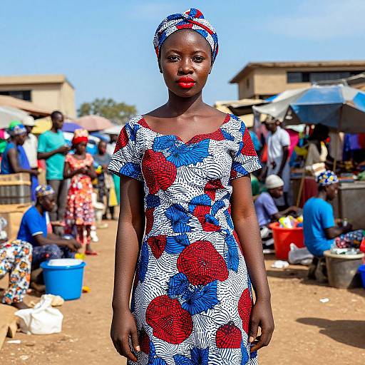 Photograph of a confident Black woman in a colorful, patterned dress and matching headwrap, standing in a bustling outdoor market with vibrant, blurred background