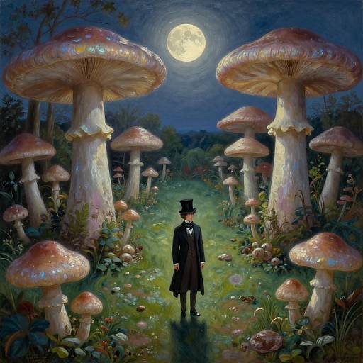Digital painting: A top-hatted man in black suit walks through a moonlit forest of large, glowing mushrooms with a full moon above.