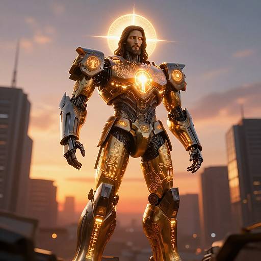 Photorealistic CGI of a bearded man in golden, futuristic armor with glowing chest emblem, halo effect, standing against a sunset cityscape.