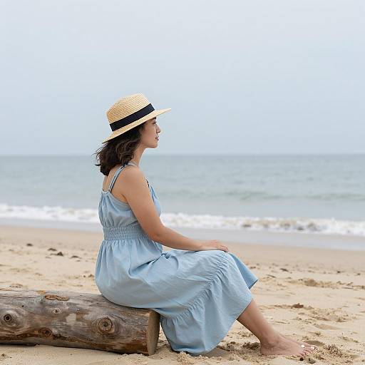 Woman in Blue Dress on Beach Log