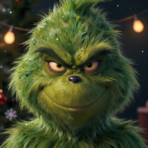 CGI close-up of a green, furry, grumpy-looking creature with sharp eyes and a mischievous smile, background includes blurred Christmas lights and