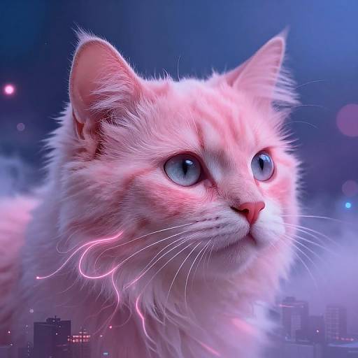 Digital artwork of a fluffy, pink tabby cat with glowing blue eyes, illuminated by pink lightning, set against a futuristic cityscape background.