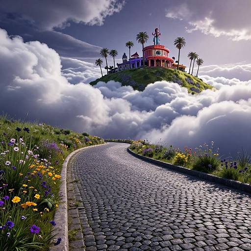 Photograph-style digital art: winding cobblestone path leading to a red, circular tower with palm trees, set amidst fluffy white clouds and vibrant wild