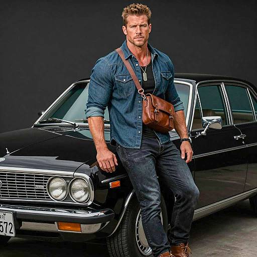 Muscular Man Leaning on Black Vintage Car