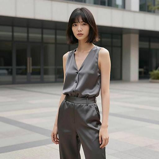 Asian woman with black bob haircut wearing sleek, black satin sleeveless blouse and high-waisted pants, standing in urban courtyard. Photograph.