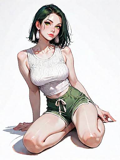 Casual Sporty Woman in White Tank and Olive Shorts