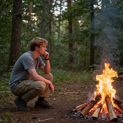 Photograph of a blonde man in a gray t-shirt and khaki pants, crouching by a campfire in a forest, with trees in