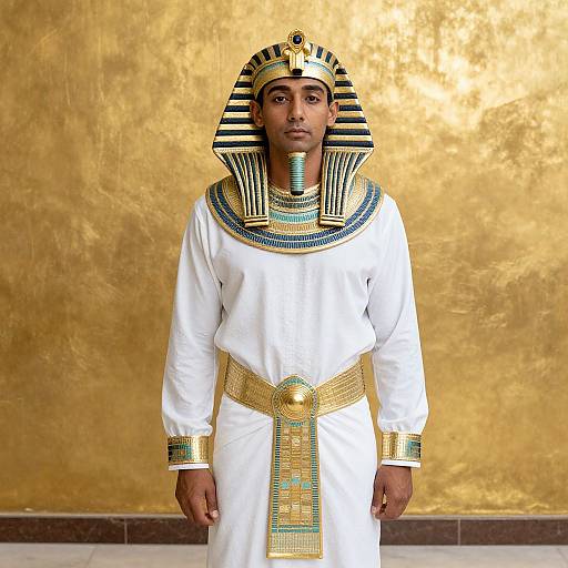 Photograph of a young man in an Egyptian pharaoh costume, white tunic, black-and-gold striped headdress, gold background, blue and