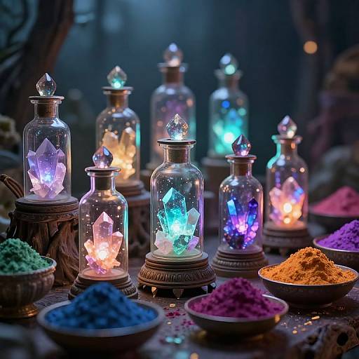 Photograph of glowing, crystal-lit glass jars surrounded by colorful spice piles (orange, blue, green, pink) in a dimly lit,