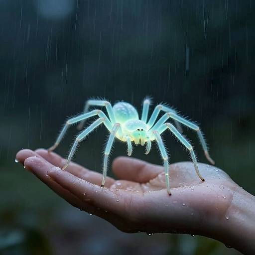 Photograph of a glowing, bioluminescent spider with translucent legs and bright blue-green abdomen, resting on a raindrops-covered human hand in a