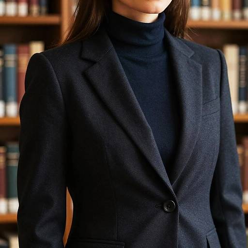 Photograph of a woman in a dark blue, textured blazer over a black turtleneck, standing in front of a blurred bookshelf.