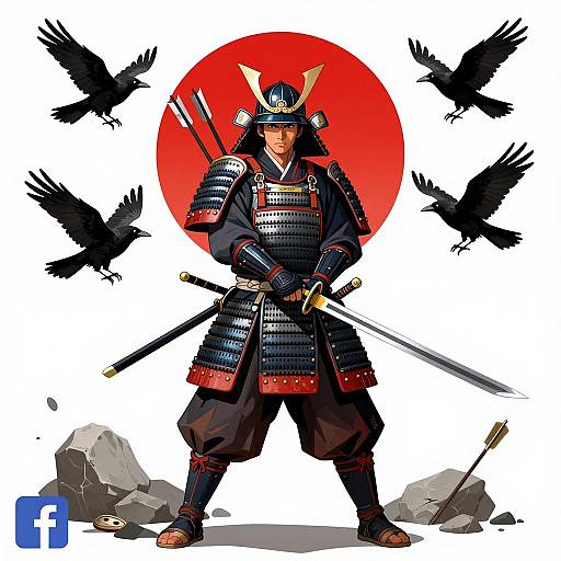 Majestic Samurai with Red Sun and Crows