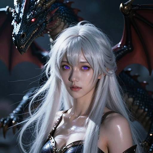 Digital artwork of an ethereal, silver-haired woman with glowing purple eyes, wearing a black, shiny top, and a dark dragon looming behind her.