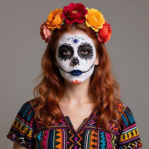 Photograph of a red-haired woman with white face paint, black eye makeup, and blue lipstick, wearing a colorful embroidered dress and a flower crown,