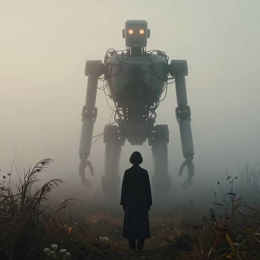 Surreal Foggy Landscape with Robot