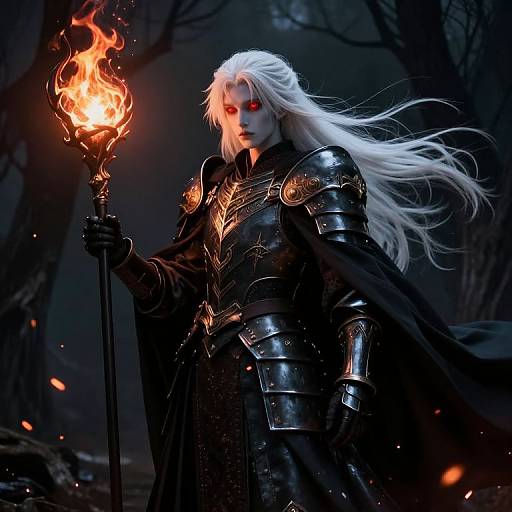 Digital fantasy artwork of a white-haired, red-eyed warrior in black armor holding a flaming staff, standing in a dark, eerie forest.