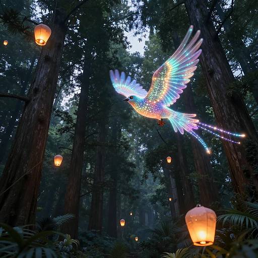 Bioluminescent Bird in Enchanted Forest