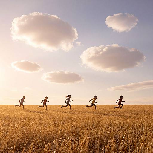 Photograph of six children running in a golden wheat field at sunset, with fluffy white clouds and a glowing sky.