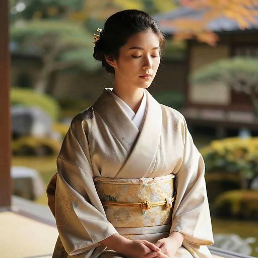 Photograph of a serene Japanese woman with fair skin, black hair in an updo, wearing a beige kimono with intricate floral patterns, standing in