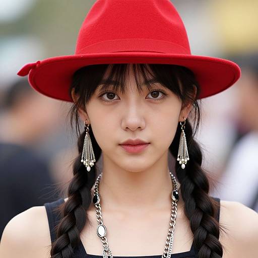 Photograph of an Asian woman with fair skin, black braids, wearing a bright red hat, black tank top, dangling silver earrings, and a