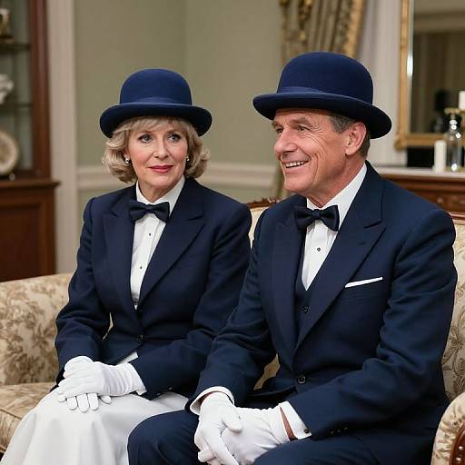 Photograph of a smiling elderly couple in formal black tuxedos, bow ties, white gloves, and navy hats, sitting on a floral sofa