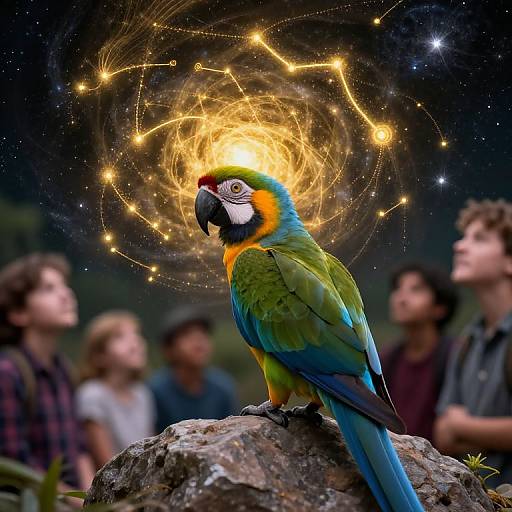 Photograph of a vibrant blue and green macaw with a glowing, swirling halo of golden lights above its head, surrounded by blurred spectators.
