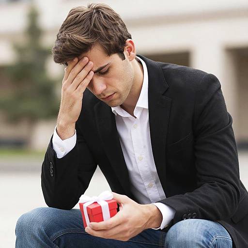 Young man holding gift looking worried