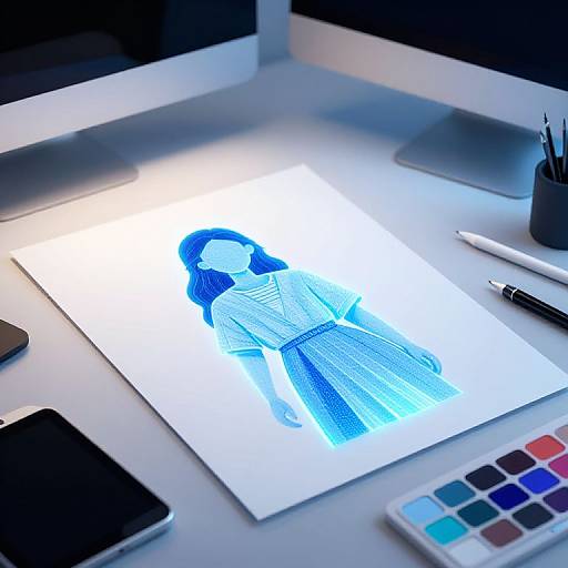 Digital drawing of a blue-haired woman in a dress on white paper, illuminated by computer monitors, with a pen and palette nearby.