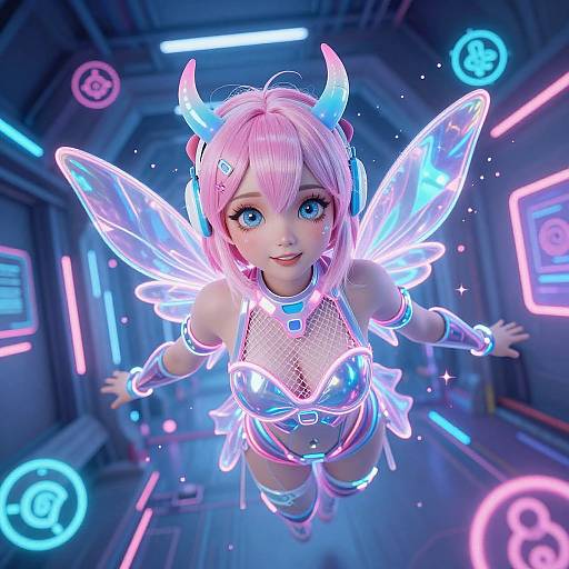 Digital art of a pink-haired anime girl with glowing blue eyes, neon wings, and horns, floating in a futuristic neon-lit hallway.