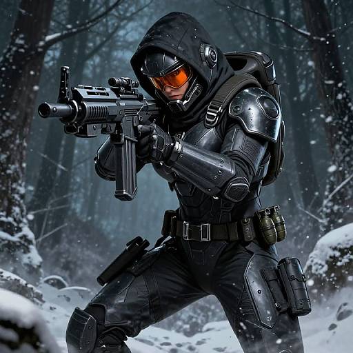 Digital artwork of a black-clad, armored sniper with glowing orange eyes, crouching in a snowy forest, aiming a futuristic rifle.