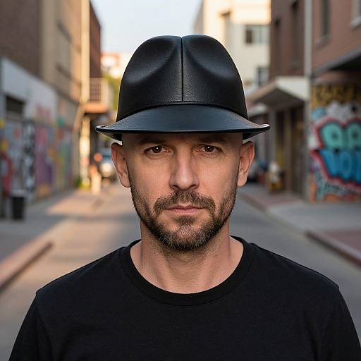 Photograph of a bearded man with a black leather hat and black shirt, standing in a graffiti-covered urban alleyway.
