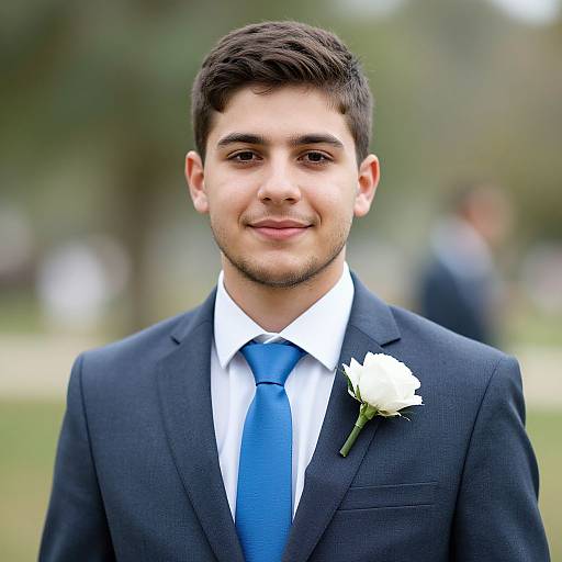Photograph of a young man with short dark hair, medium skin tone, wearing a dark suit, white shirt, blue tie, and white rose bout