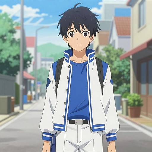 Anime-style drawing of a young boy with black hair, blue shirt, white jacket, and white pants, standing on a sunny, suburban street. He