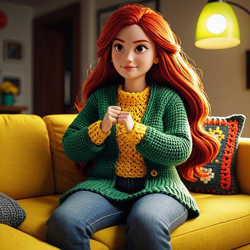 3D Cartoon Mother with Red Hair Crocheting